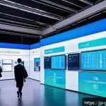 무역 관련 전시회와 컨퍼런스 참여 후기 - A futuristic international trade exhibition scene featuring diverse business professionals engaging ...