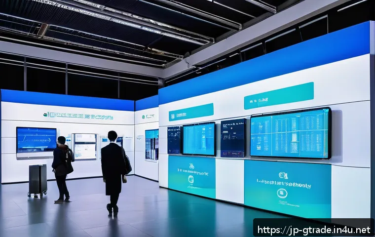 무역 관련 전시회와 컨퍼런스 참여 후기 - A futuristic international trade exhibition scene featuring diverse business professionals engaging ...