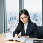무역 전문가가 알아야 할 자격증 리스트 - A modern Japanese office scene focused on international trade certification study: a young professio...