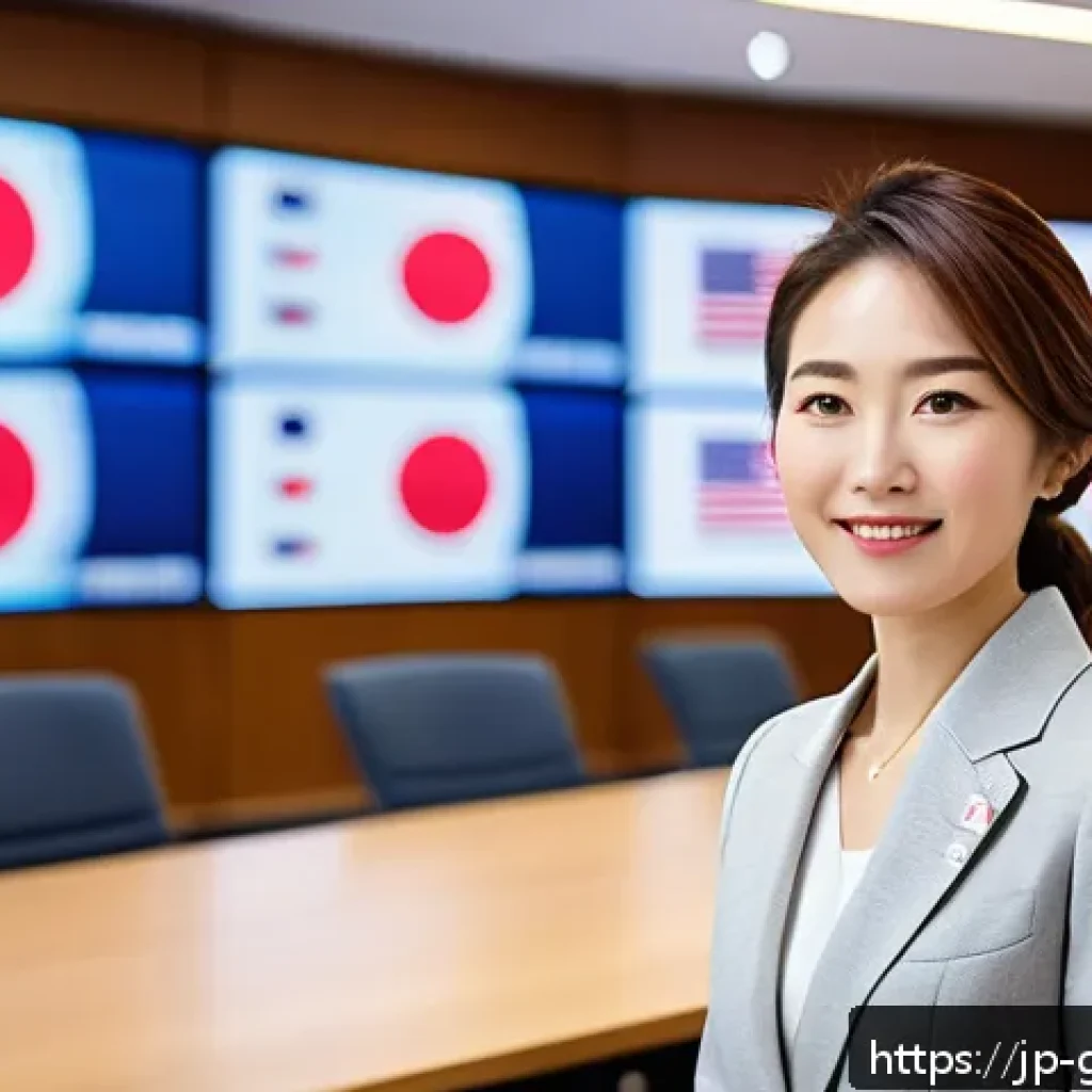 무역 전문가로서의 경력 관리 방법 - A modern Japanese businesswoman attending a multicultural networking event, dressed in professional ...