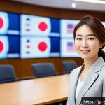 무역 전문가로서의 경력 관리 방법 - A modern Japanese businesswoman attending a multicultural networking event, dressed in professional ...