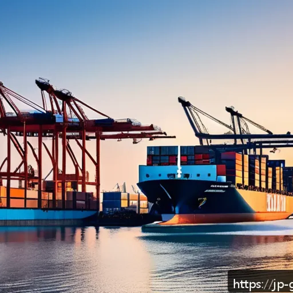 무역 전문가로서의 사회적 책임과 윤리 - A modern international shipping port scene at sunset, featuring large cargo ships loaded with contai...