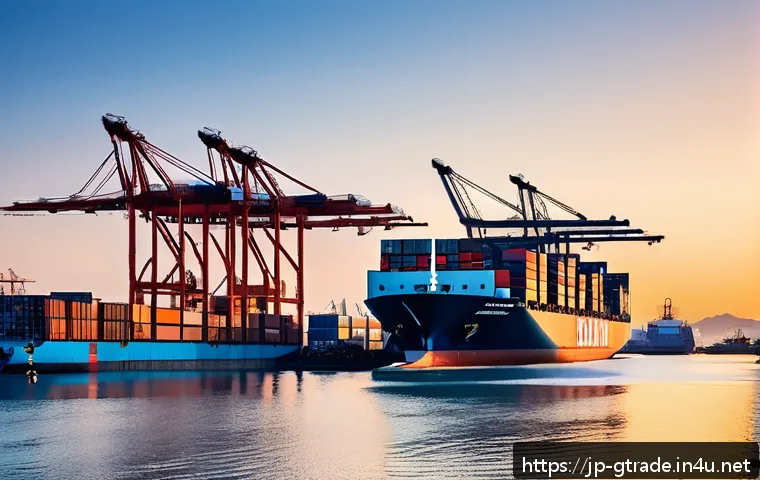 무역 전문가로서의 사회적 책임과 윤리 - A modern international shipping port scene at sunset, featuring large cargo ships loaded with contai...
