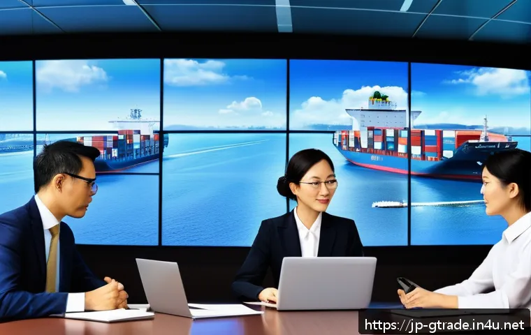 글로벌 무역 실무에서 자주 쓰이는 용어 - A modern international trade office scene featuring a diverse group of Japanese business professiona...