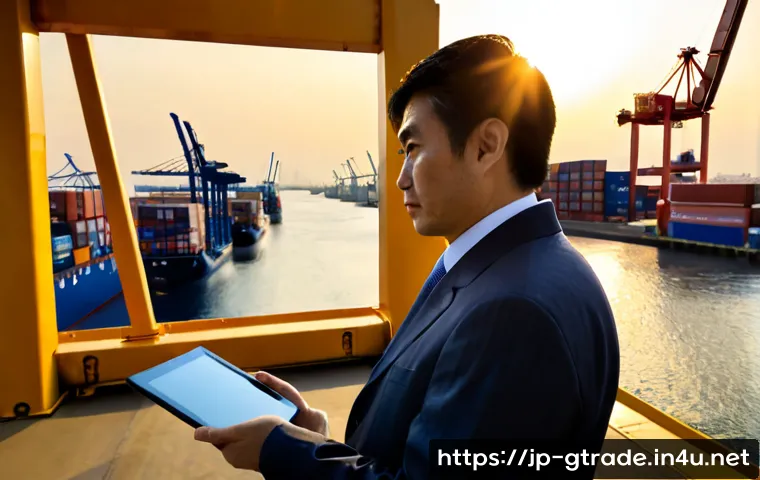 글로벌 무역의 최신 트렌드 분석 - Photorealistic wide-angle view of a modern Japanese shipping terminal at sunrise, colorful cargo con...